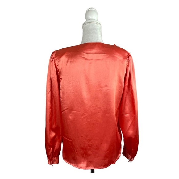 Vintage 90s Carry Black Petite Coral Satin Ruffle Neckline Long Sleeve Blouse - Picture 5 of 11